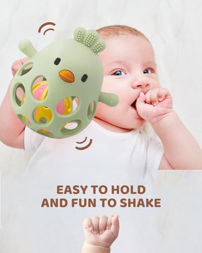 Image of Baby Teething Chick Toy, Upgraded Easy Grasp Silicone Teething Rattle Ball Toy for Babies Over 3 Months, 100% Food Grade, Gift for Infant Boys and Girls 0-6-12 Months (Green)
