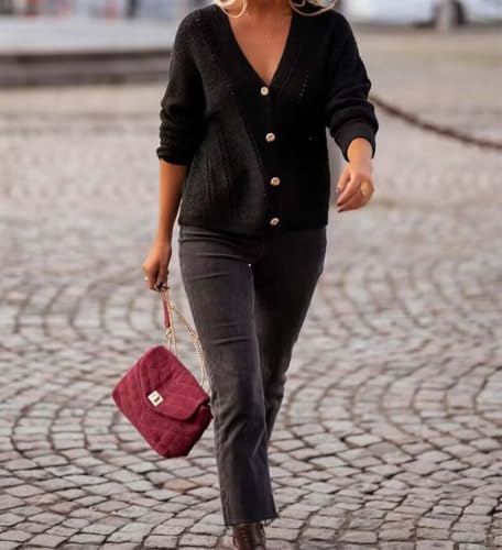Image of AIMITAG Cropped Cardigan Sweaters for Women Fall Long Sleeve Crochet Knit Shrug Open Front V-Neck Button up Tops