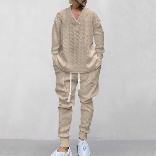 Athleisure Cable Jacquard Set Men,Men's Tracksuits V-Neck Long Sleeve Tops and Drawstring Jogging Pants Suit 2 Piece4