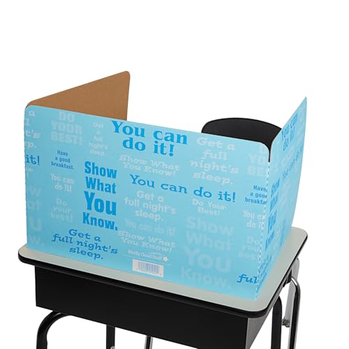 Image of Really Good Stuff Blue Privacy Shields for Student Desks, Set of 12 | 14 inch H x 22 inch W x 16 inch D, Ages 4+, PreK+, Desk Dividers with Motivational Messages