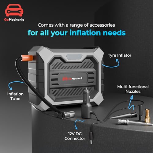 Image of GoMechanic Tyre Inflator for Car and Bike | Works with Both DC Port & Battery Operation | 150 PSI | 3 x 1800mAh Batteries | Rechargeable 12V DC | Multi-Nozzle Function | Digital Display & LED Light