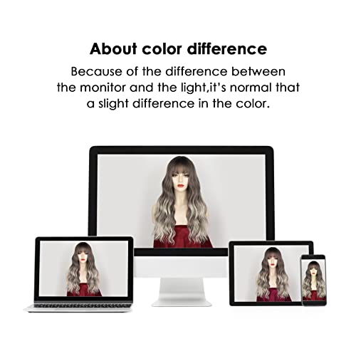 Earfodo Wig With Bangs Ombre Ash Brown Wigs For Women Synthetic Long Curly Wavy Wigs Natural Layered Wig With Dark Roots For Daily Use 24 Inch #TOP6