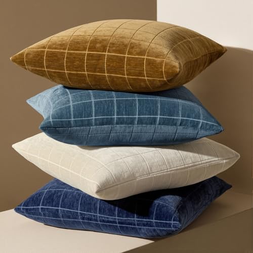 Image of MIULEE Blue Plaid Decorative Throw Pillow Covers 20x20 Set of 2 | Vintage Check Chenille Couch Pillows Neutral Boho Farmhouse Cushion Covers Modern Home Decor for Sofa Bed Living Room