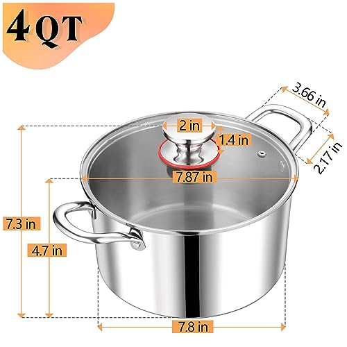 P&P CHEF 4 Quart Stockpot with Lid, Stainless Steel Tri-Ply Cooking Soup Pasta Stock Pot for Gas/Induction/Electric Stoves, With Glass Cover & Two Handles, Heavy Duty & Dishwasher Safe - Image 3