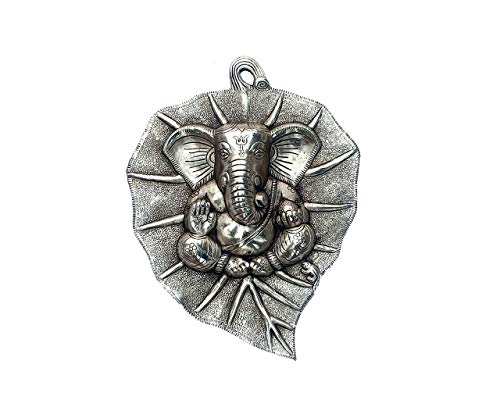 Image of Collectible India Ganesha Wall Hanging Plate Ganesh on Leaf Metal - Silver Plated Ganesh Wall Art Sculpture - Ganesh Idol Ganpati Lucky Feng Shui Wall Decor Arts (Size 12 x 8.5 Inches)