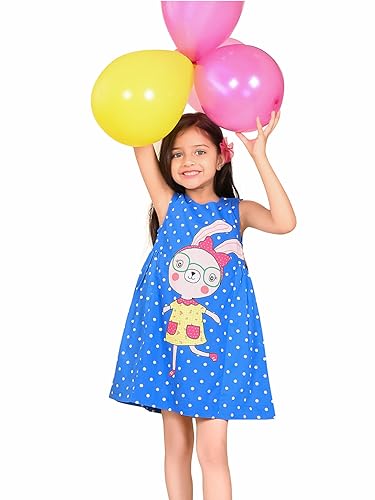 Image of LILPICKS Rabbit Polka Printed Sleeveless Fit n Flare DressFor Girls (Blue)