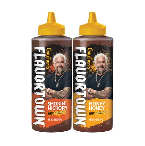 Guy Fieri’s Flavortown BBQ Sauce Variety Pack - Honey BBQ Sauce, Smokey BBQ Sauce, Barbecue Sauce Set, For Chicken Wings & Ribs - Smokin’ Hickory & Money Honey Barbecue - 12 Oz Each (Pack of 2)