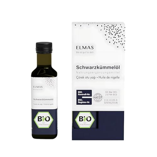 Elmas BIO Schwarzkümmelöl 100 ml – Kaltgepresst aus ägyptischen Samen (Nigella sativa) – 100{1fb9445f9dac8ae70e0e265ed8c9279f673b161d7fafbcdb6ef4ee558f60a2e6} naturrein, vegan, ungefiltert – DE-ÖKO-001 Elmas BIO Schwarzkümmelöl 100 ml – Kaltgepresst aus ägyptischen Samen (Nigella sativa) – 100{1fb9445f9dac8ae70e0e265ed8c9279f673b161d7fafbcdb6ef4ee558f60a2e6} naturrein, vegan, ungefiltert – DE-ÖKO-001