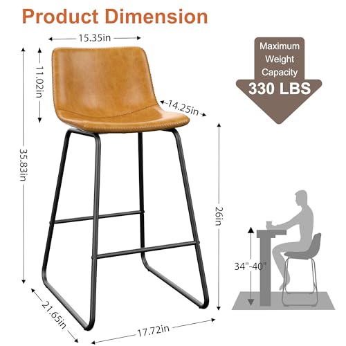 Image of REONEY Bar Stools Set of 4, 26 inch Faux Leather Counter Height Stools, Brown
