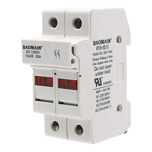 Baomain Solar PV Fuse Holder,Cylindrical Fuse Holder, 10 x 38 mm, 32 Amp, 1000 VDC, 2 Pole, 18 to 8 AWG, 35mm DIN Rail Mount, UR & CE Listed (1PCS)