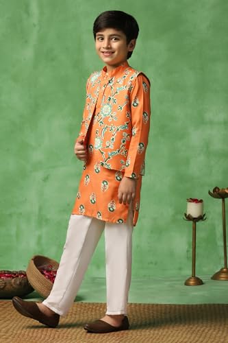 Image of Fashion Dream Boy's Cotton Blend Printed Kurta Pyjama And Jacket Set|Kurta And Payjama Set