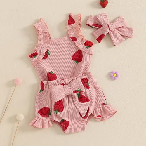 Infant Baby Girl Summer Outfit Strawberry Bow Ruffle Sleeveless Bubble Romper Shorts Set Waffle Newborn Clothes2