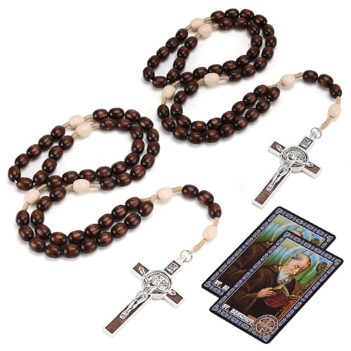 Rosary Beads Catholic for Women Men, 2 PCS Orthodox Rosaries Crucifix Necklace with Saint Benedict Medal Prayer Card, Handmade Wood Rosary Cross Catholic Gifts, Mexican Rosarios Catolicos Para Hombre