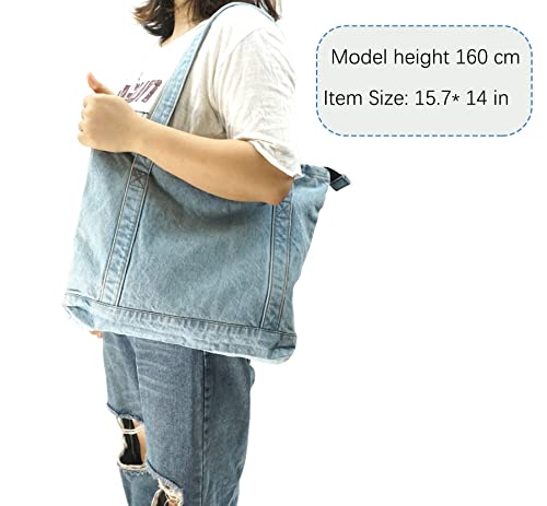 YunZh Denim Tote Bag Casual Style Lightweight Classic Retro Travel Shopper Shoulder Handbag2