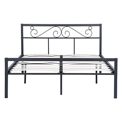 Coavas Cadre de lit Double Silencieux Bois Métal Noir Grandes Bases et Bases avec sommiers avec tête de lit et Pied de lit avec capacité de Charge de 500 kg, Convient à Un Matelas de 190 * 140 cm
