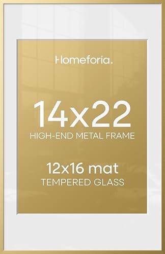 Image of Homeforia 14x22 Picture Frame Gold, High End Metal 14x22 Poster Frames with Mat 12x16 Photo, 14 x 22 Gold Frames Matted to 12 by 16 Print, 22x14 Thin Hanging Frames, Tempered Glass, Wall Kit, Set of 3