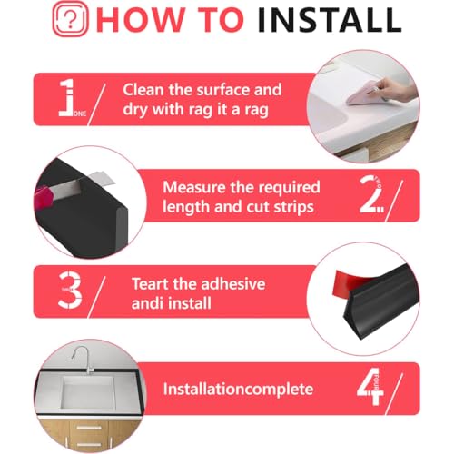 Image of HASTHIP 2m /78.7inch Water Stopper with Glue - Sink Splash Guard in Kitchen Water Dam Barrier Strip Shower Silicone Bendable Water Stopper for Kitchen Sink, Black