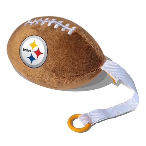 Image of Pittsburgh Steelers Plush Football Pacifier Holder by Smilo - Officially Licensed NFL Soother Holder - Soft Plush Toy and Dummy Holder - Fits Any Pacifier - Stroller Accessory & Newborn Essential