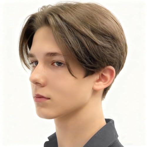 Image of Swiking Short Brown Wig for Men Natural Straight Middle Part Wigs Synthetic Hair Daily Cosplay Costume Fluffy Wig(Brown)