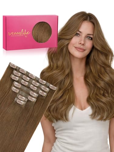WENNALIFE Seamless Clip in Hair Extensions Real Human Hair, 22 Inch 130g Light Auburn Brown Invisible PU Skin Weft, Natural Thick Real Hair Clip Ins for Women, Soft Blendable &amp; Reusable Remy Hair