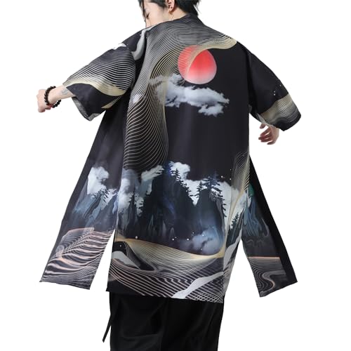 Image of Seidarise Men's Haori, Long Kimono Cardigan Jacket Japanese Style Flying Crane Seven Sleeves Open Front Coat
