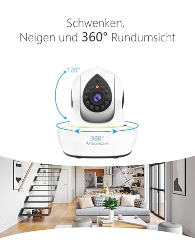 VSTARCAM 2K Überwachungskamera Innen, Interaktive Kamera für Hunde und Katzen mit Handy-App, 360° Linsenschwenkung und Neigung, Infrarot-Nachtsicht, Bewegungsverfolgung, 2-Wege-Audio