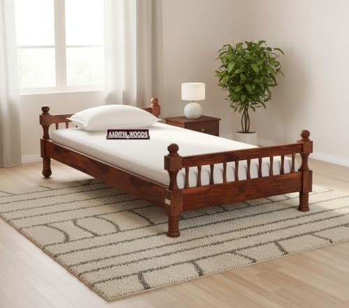 Image of AADITYA WOODS Solid Sheesham Wood Single Bed Cot Without Storage | Single Size Bed for Bedroom | Mahogany Finish