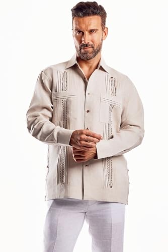 Mojito Men’s Plus Size 100% Linen Guayabera Shirt – Two Pockets, Embroidered Detail