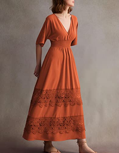 Image of Olaesa Boho Maxi Dress V Neck Short Sleeve Lace Smocked Waist Flowy Dress | Wedding Guest Dress with Pockets, Summer Bohemian Vacation Dress, Elegant Party Dress for Family photo& Baby Shower
