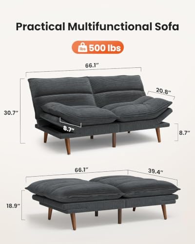 Image of Amada 66 inch Convertible Futon Sofa Bed, Corduroy Loveseat Sleeper Couch with Adjustable Backrest & Armrests, Memory Foam Folding Recliner for Living Room, Apartment, Office, Asphalt Grey