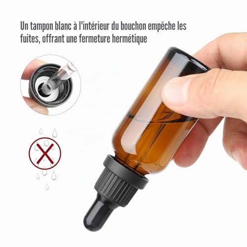 Hyber&Cara Flacons en verre ambre avec pipettes,50ml 100ml Bouteilles compte-gouttes en verre brun vides pour les huiles essentielles/aromathérapie – vue 3