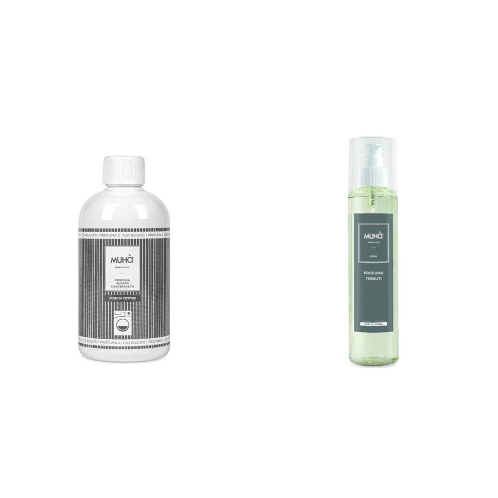 Profumatore per Bucato 400 ml & Spray Tessuti 250 ml Fragranza Fiori di Cotone. Duraturo, Intenso, Ideale per Tutti i Tessuti, Elimina Odori, Rilascia un Profumo di Cotone in Casa Tua.
