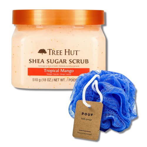 Tree Hut Shea Sugar Scrub Tropical Mango Bundle with Samba Life Mesh Bath and Shower Sponge for a Exfoliating Body Scrubber Spa-like Experience at Home. (Tropical Mango)