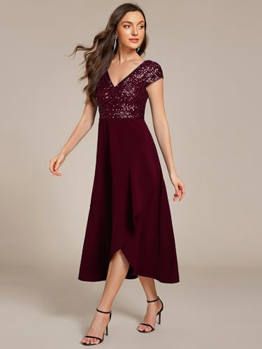 Image of Ever-Pretty Women's Elegant V Neck Sequin Short Sleeve Hi-Lo Tea Length Evening Gowns 02325