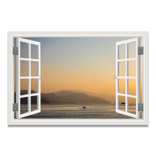 Cuadro lienzo efecto ventana con paisaje de lago para decorar tu salón o dormitorio