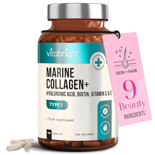 Marine Collagen Supplements for Women 2450mg Complex | 120 Hydrolyzed Marine Collagen Capsules with Hyaluronic Acid | Skin Supplements for Women | High Strength Collegen Peptides Tablets | Vitabright