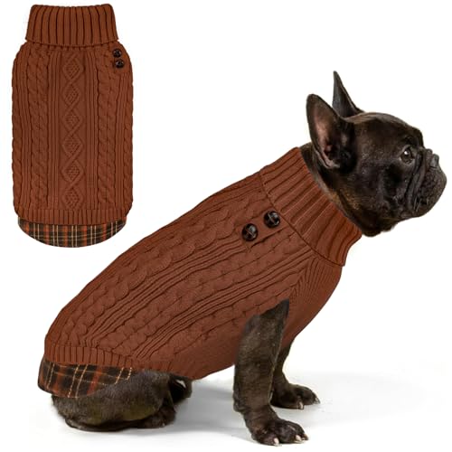 Image of KYEESE Dog Sweater for Small Dogs Turtleneck Thick Knit Pullover | Stretchy Fit, Lightweight & Warm, Cozy Knit Comfort, Classic Plaid Design, Gentle on Sensitive Skin, Winter Daily Wear