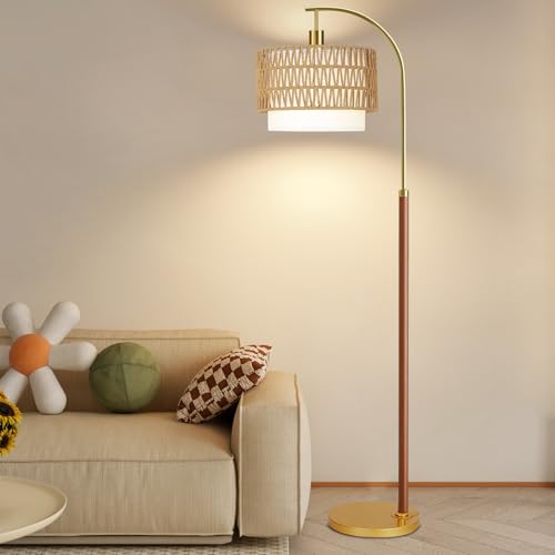 Image of ZECOXOL Boho Floor Lamps for Living Room Wood Floor Lamp with Remote Control,Dimmable Rattan Floor Lamps Farmhouse Gold Standing Lamp with 3 Color Temperature Tall Arc Floor Lamp for Bedroom Corner