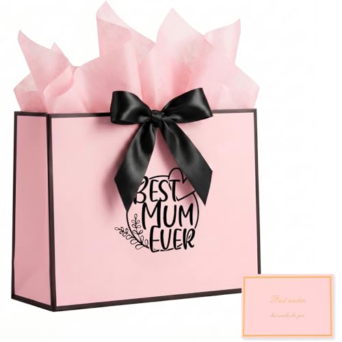 Medium Gift Bag Mum Gift Bag with Wrapping Paper and Cards Personalized Birthday Pape Bags for Mummy Birthday Women Mothers Day Presents Packaging (Pink)