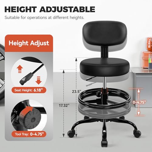 Image of BestGlory Shop Stool with Wheels for Garage, Mechanics Rolling Chair with Backrest, Adjustable Height Heavy Duty Garage Stool with Footrest and Storage Tray, Swivel Task Chair for Workshop Salon