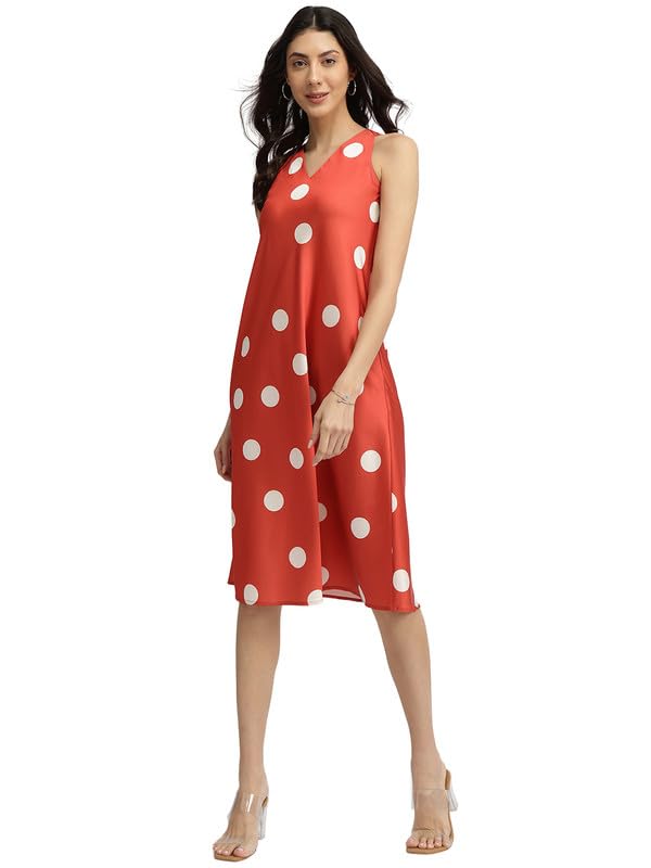 Image of FableStreet Women Party Dress | Elegant A-Line Fit Midi Length V-Neck Sleeveless | Lustrous Satin Fabric for Evening Gatherings & Celebrations