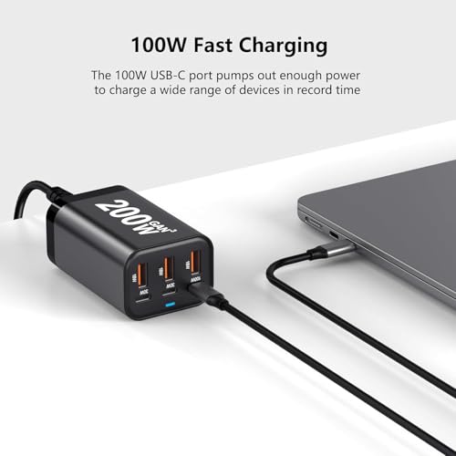 Image of USB C Charger Block 200W Multi Port USB Fast Charging Station Hub GaN PPS PD 100W Type C Wall Charger Power Adapter for Multiple Devices Laptop 1Pad 1Phone 17 Mac /Book Galaxy S26 Android Pi /xel DE /LL