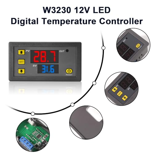 QIQIAZI W3230 Digitaler Temperaturregler,20A DC 12V Digitaler Thermostat LED-Display Temperaturschalter-50-120℃ mit NTC 10K-Sensorsonde（2 Stück ）
