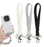 Thrymme 3Pcs Phone Wristlet, Boho Soft Macrame Wrist Lanyard for Phone Case Anti-Loss Cellphone Lanyard Braided Keychain Straps for Women & Men, Charm Wristlet Perfect for Daily Use, Black White Gray