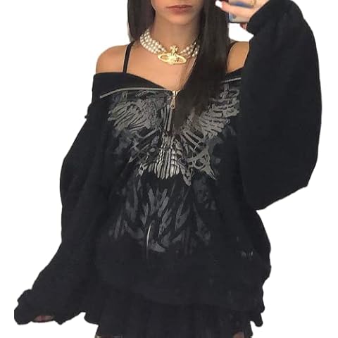 ROAONOCOMO Y2K Aesthetic Zipper Hoodie Sweatshirt Long Sleeve Harajuku Punk Grunge Outfit Retro Vintage Oversized Outwear Black Cover