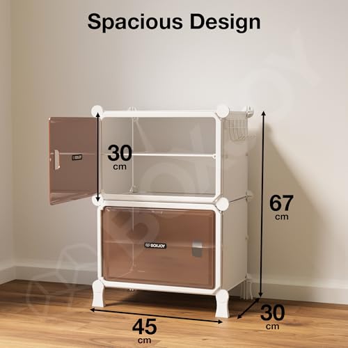 Image of BOXJOY 4 Shelf White Shoe Rack for Home with 2 Brown Doors, Hard PET Plastic with Metal Door Frame, Shoe Chappal Slipper Sandals Stand