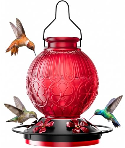 26Oz Hummingbird Feeder for Outdoors, Vintage Glass Bird Feeder with Perch, Durable & Easy to Clean, Hanging Nectar Feeder for Garden, Yard, Deck – Gift for Bird Lovers (Red)