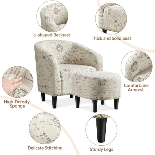 Image of Yaheetech Fabric Accent Chairs with Ottoman, Compact Breathable Barrel Chairs with a Curved Silhouette for Small Spaces, Living Room, Bedroom, Letter Print