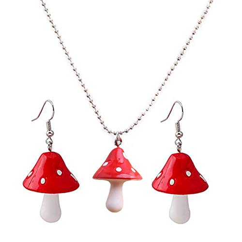 Creative Red Mushroom Dangling Earrings Necklace Set Mushroom Shape Drop Earring Necklace for Women
