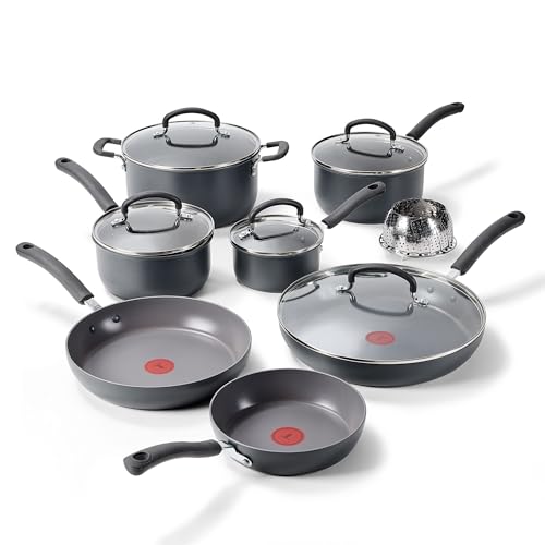 Image of T-Fal Ultimate Hard Anodized Nonstick 13 Piece Cookware Set, Oven Safe Up to 400F, Pots and Pans Set, Includes Frying Pans, Saucepan, Stockpot, Cooking Utensils, Stone